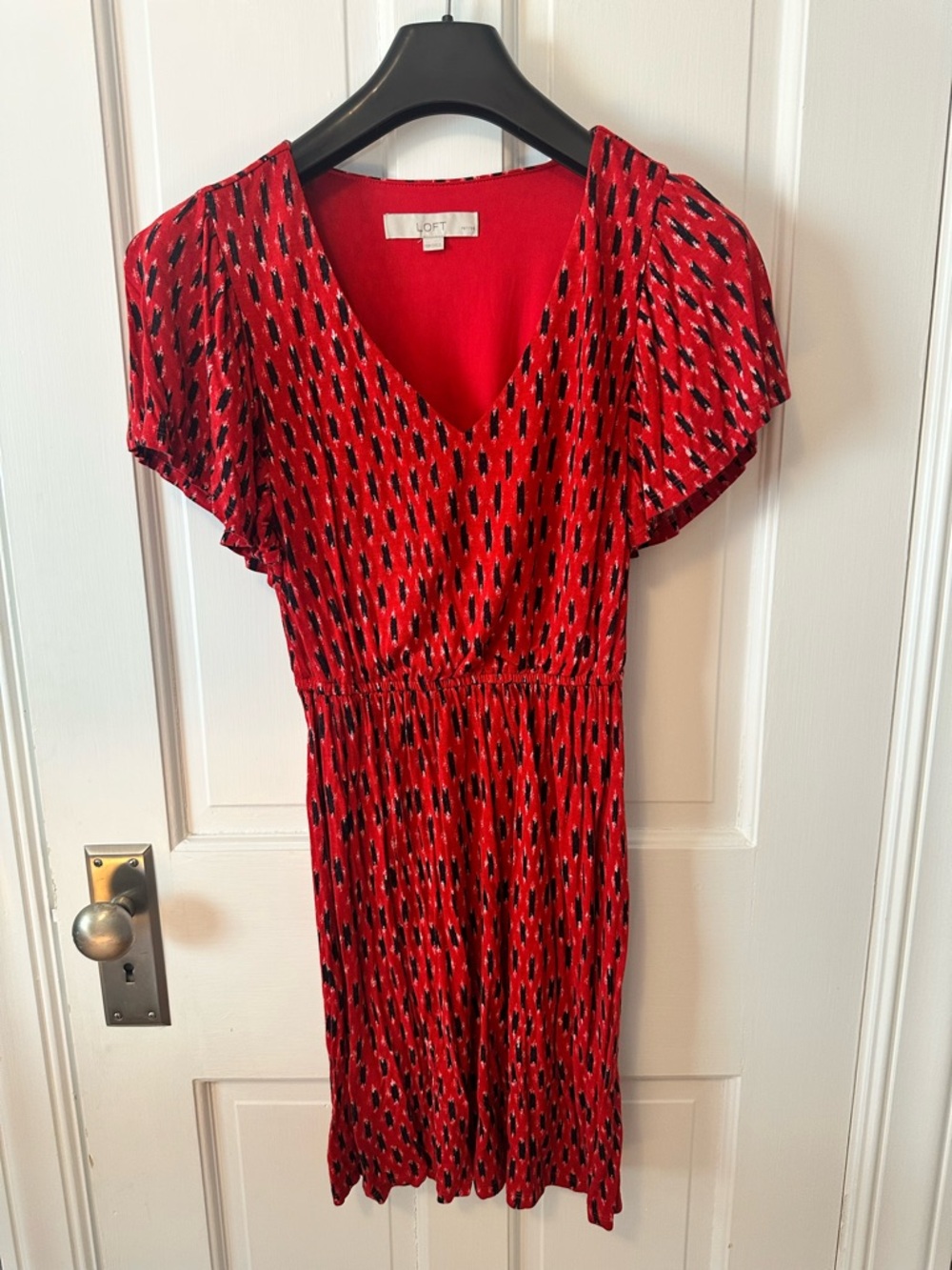 Loft Petite Red Patterned V-Neck Flutter Sleeve Dress - XXSP